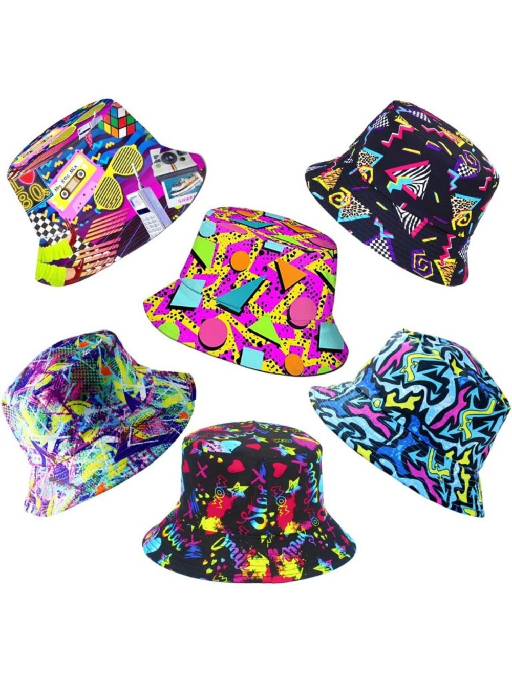 6 Pack Retro 80s 90s Bucket Hats - Unisex Reversible Vintage Fisherman Sun Caps